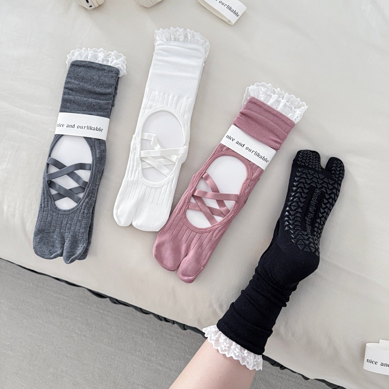 Lace Trim Split Toe Yoga Socks - Embellish Knit review and price